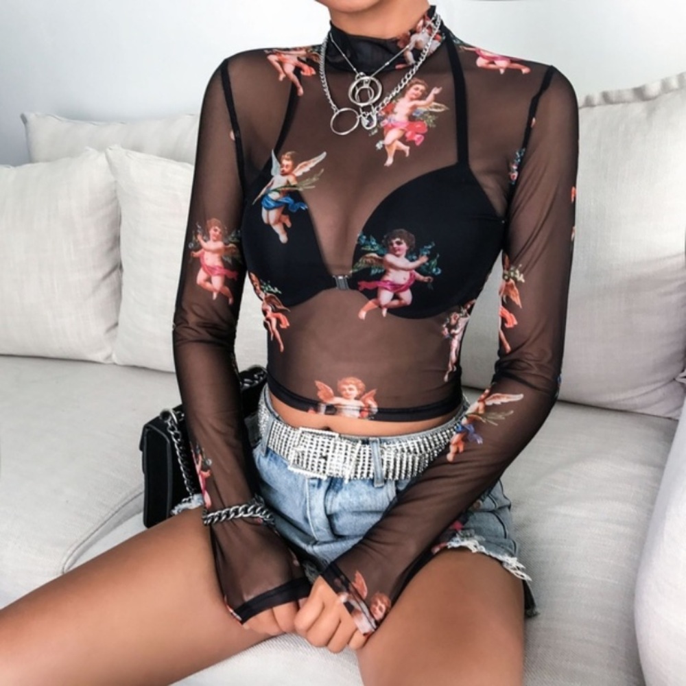 black mesh long sleeve top - trendy angel print